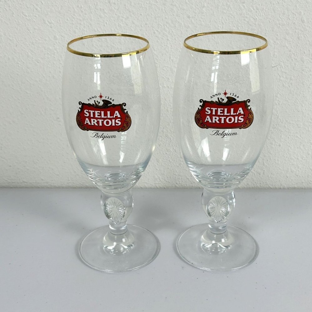 Stella Artois Chalice Glass Gold Rim Belgium Stemmed Beer Glasses 40cl Set of 2